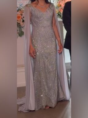 Portia and Scarlett Silver Sequined Gown with Lilac Chiffon Cape